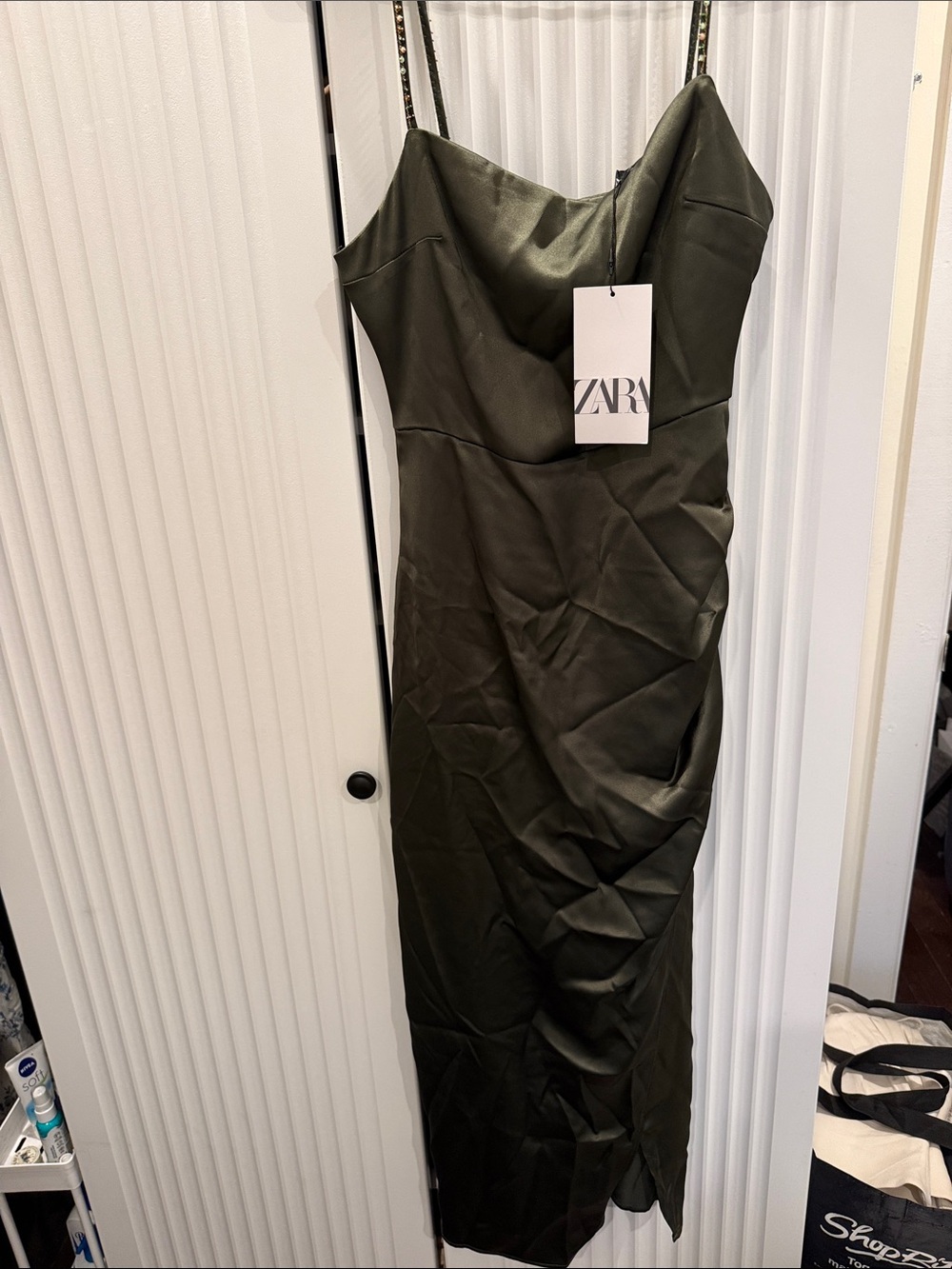 Zara Olive Green Satin Slip Midi Dress